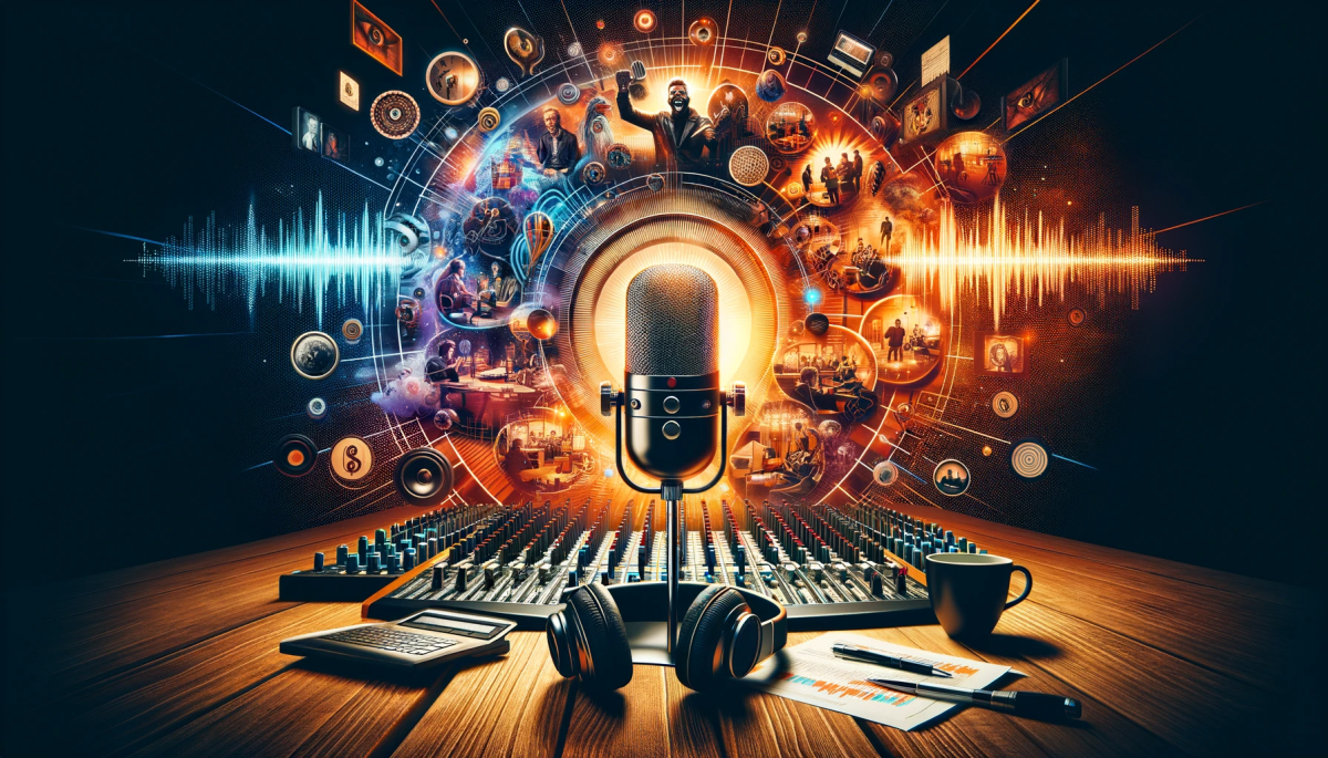 a podcast microphone with graphics above a soundboard